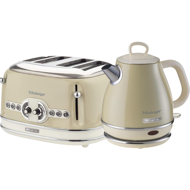 Ariete Vintage Cream 1L Jug Kettle & Retro 4 Slice Toaster Breakfast Set AR6803/AR5603