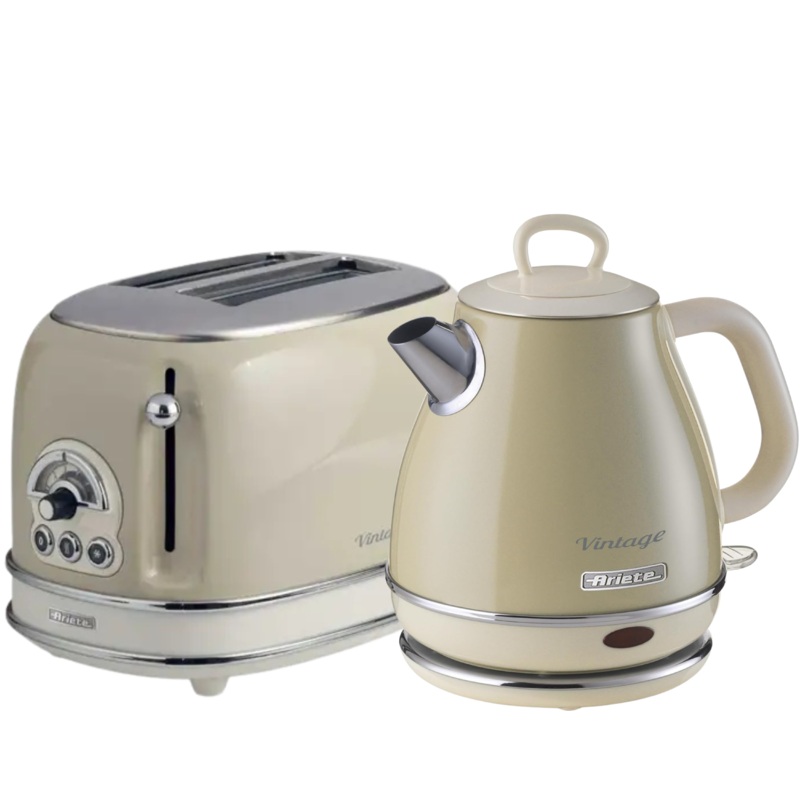 Ariete Vintage Cream 1L Retro Jug Kettle & 2 Slice Toaster Breakfast Set AR6803/AR5513