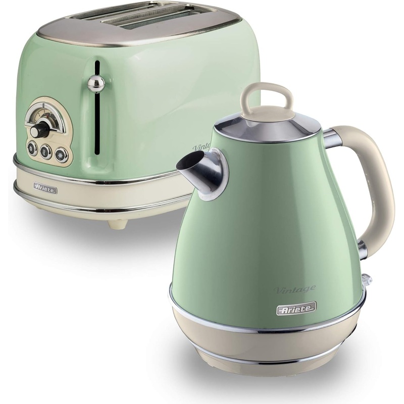 Ariete Vintage Green 1.7L Retro Jug Kettle & 2 Slice Toaster Breakfast Set AR6904/AR5514