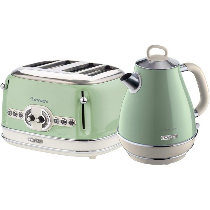 Ariete Vintage Green 1.7L Retro Jug Kettle & 4 Slice Toaster Breakfast Set AR6904/AR5604