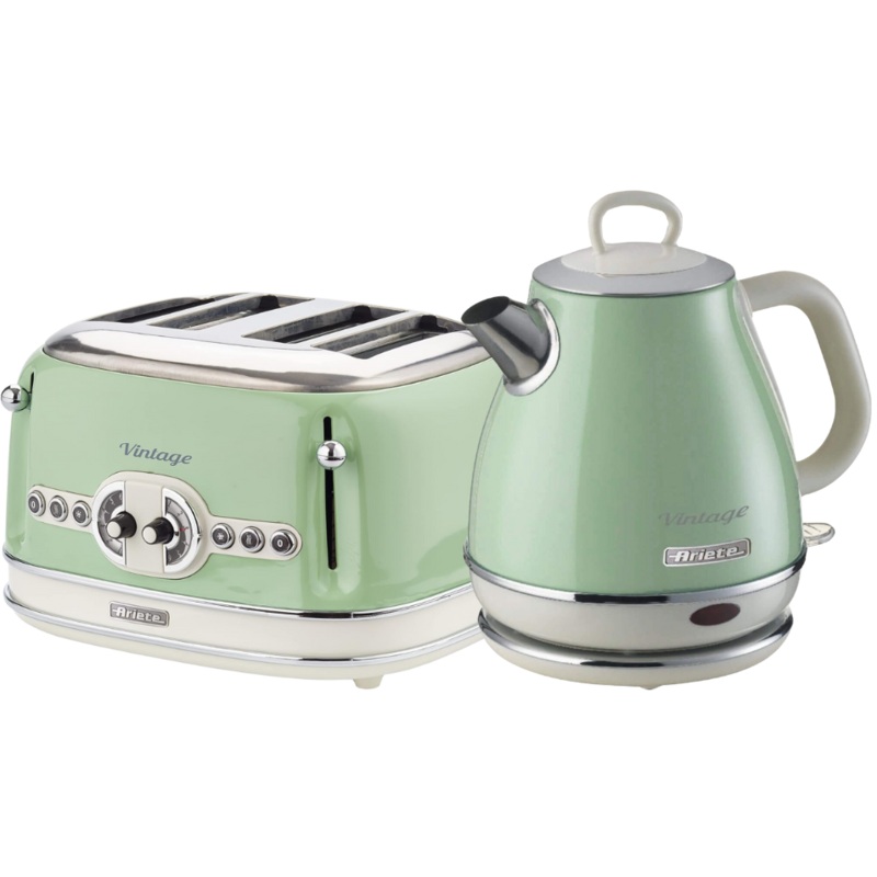 Ariete Vintage Green 1L Jug Kettle & 4 Slice Toaster Retro Style Breakfast Set AR6804/AR5604