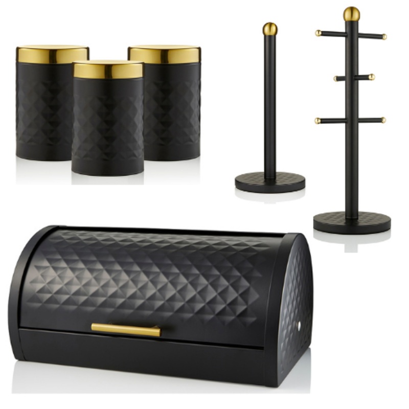SWAN Gatsby Bread Bin, 3 Tea Coffee Sugar Canisters Mug Tree & Towel Pole Set