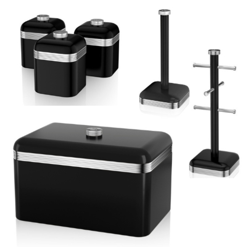 SWAN Retro Black Bread Bin Canisters, Mug Tree & Towel Pole Kitchen Storage Set