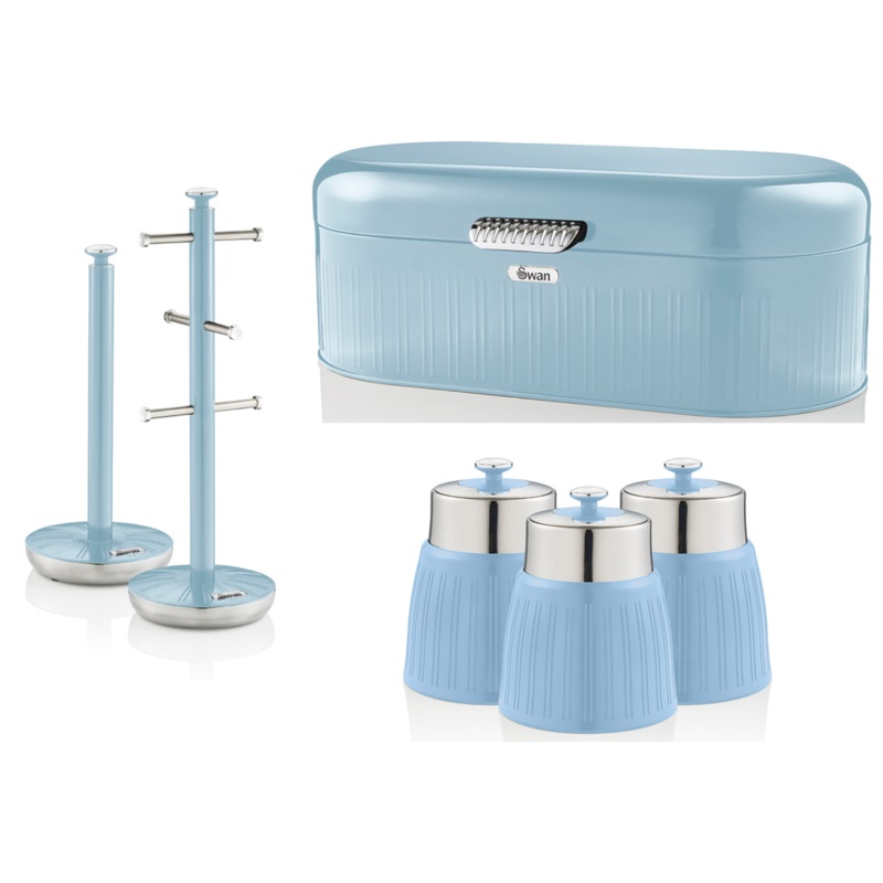 SWAN Retro Blue Bread Bin, Canisters, Mug Tree & Towel Pole Kitchen Storage Set