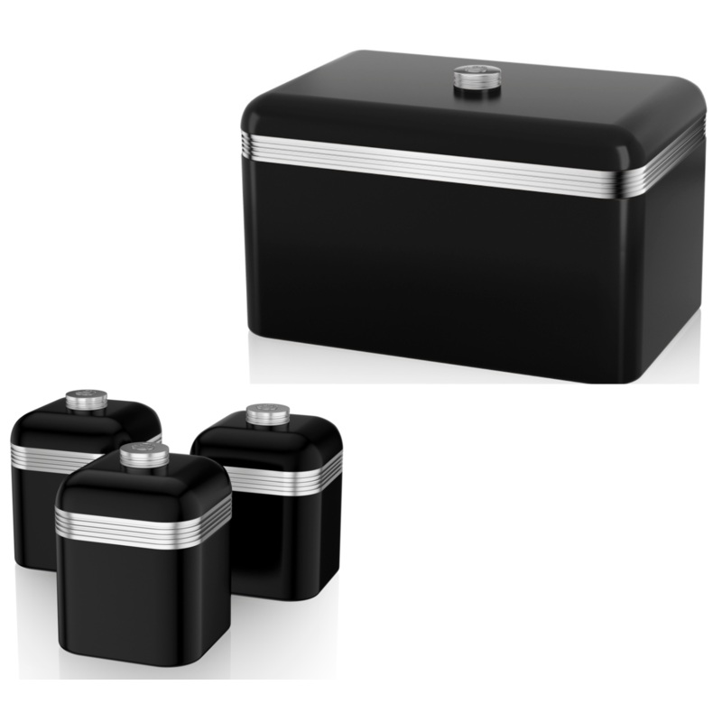 SWAN Retro Bread Bin Canisters Matching Kitchen Storage Set in Black