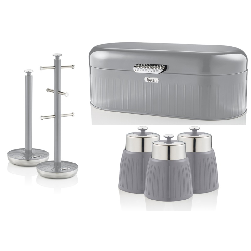 SWAN Retro Grey Bread Bin, Canisters, Mug Tree & Towel Pole Kitchen Storage Set