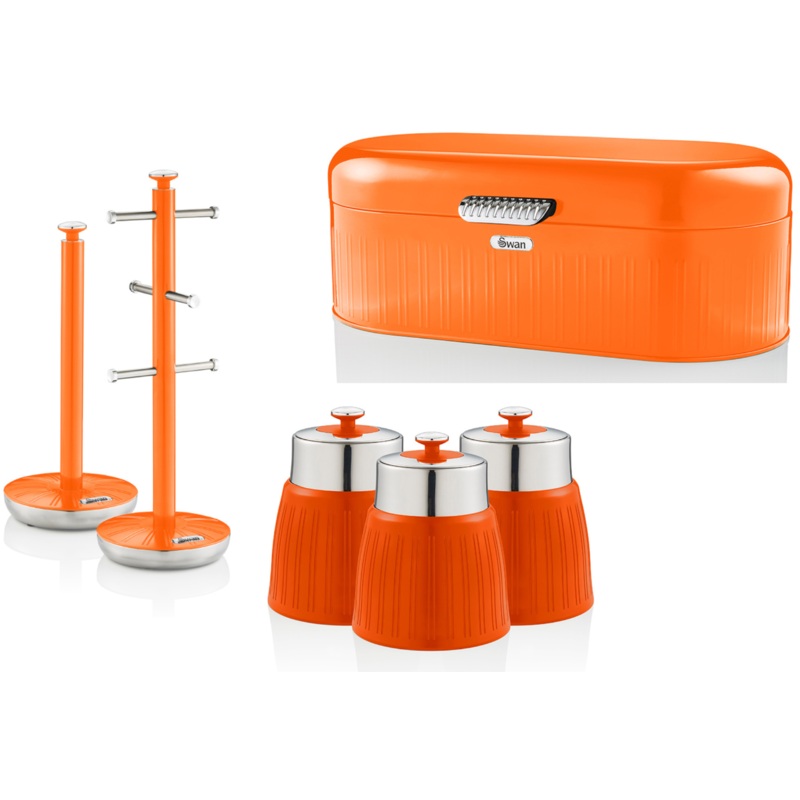 SWAN Retro Orange Bread Bin Canisters Mug Tree Towel Pole Kitchen Storage Set