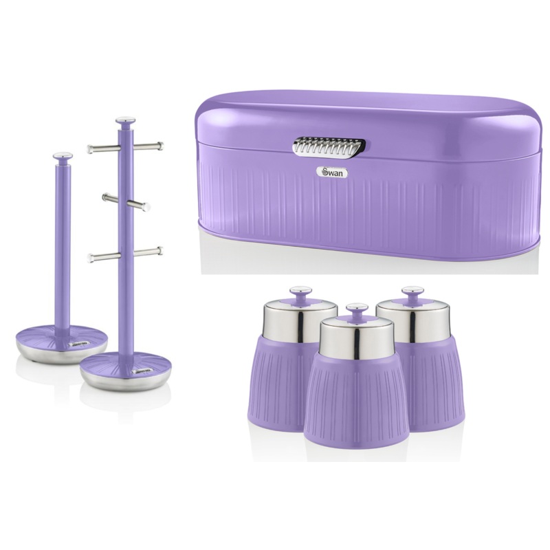 SWAN Retro Purple Bread Bin Canisters Mug Tree Towel Pole Kitchen Storage Set