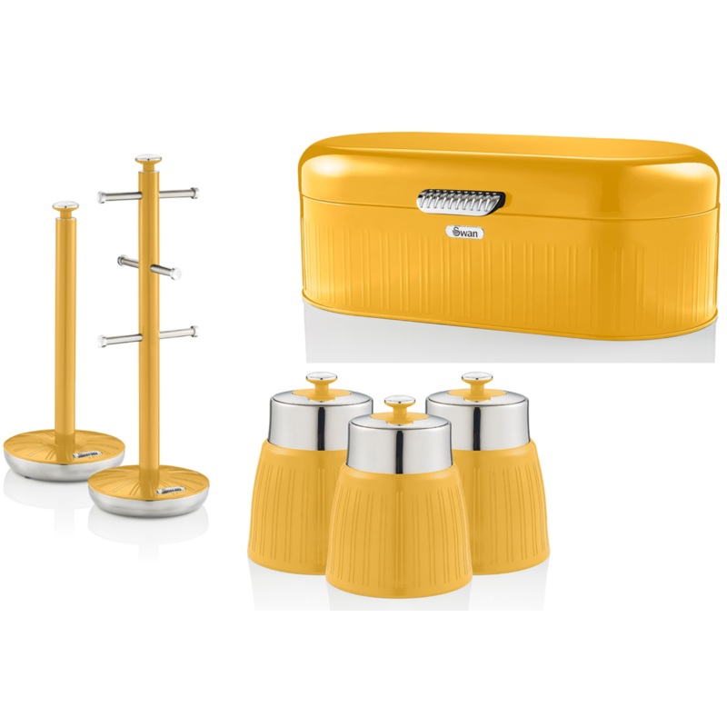 SWAN Retro Yellow Bread Bin Canisters Mug Tree Towel Pole Kitchen Storage Set