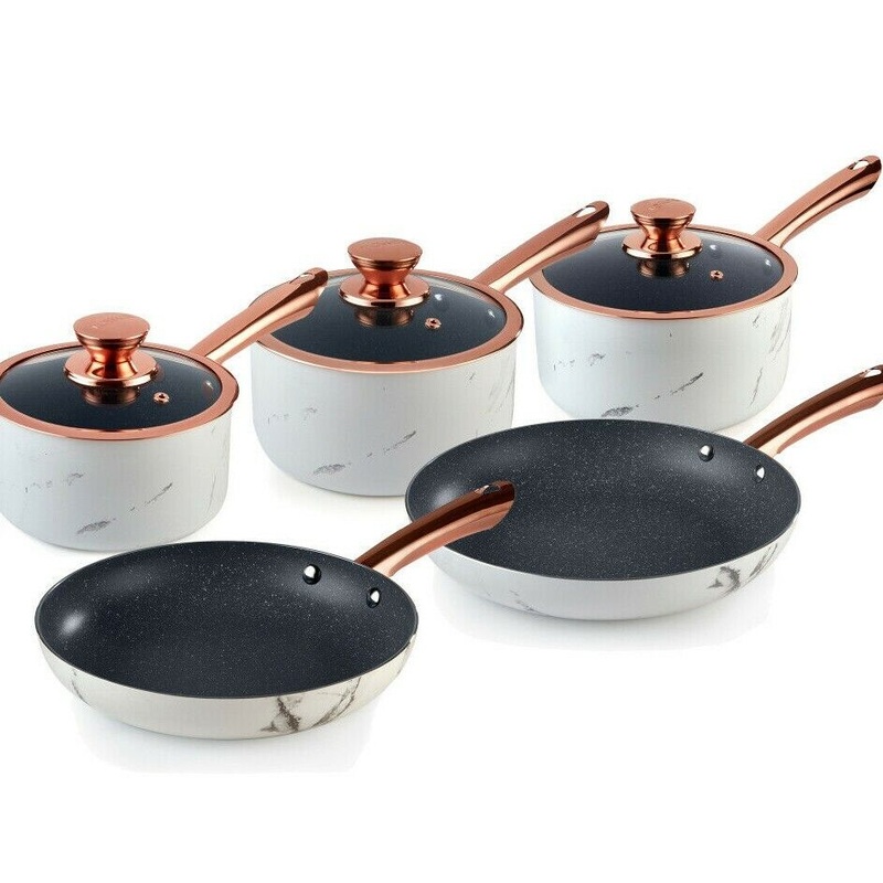 Tower 5 Piece Pan Set in Marble & Rose Gold Non-Stick Aluminium 5 Yr Guarantee