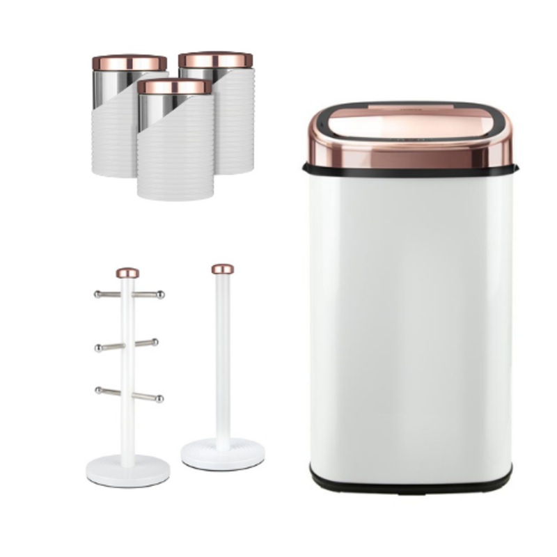Tower 58L Sensor Bin Canisters Mug Tree Towel Pole Set White & Rose Gold