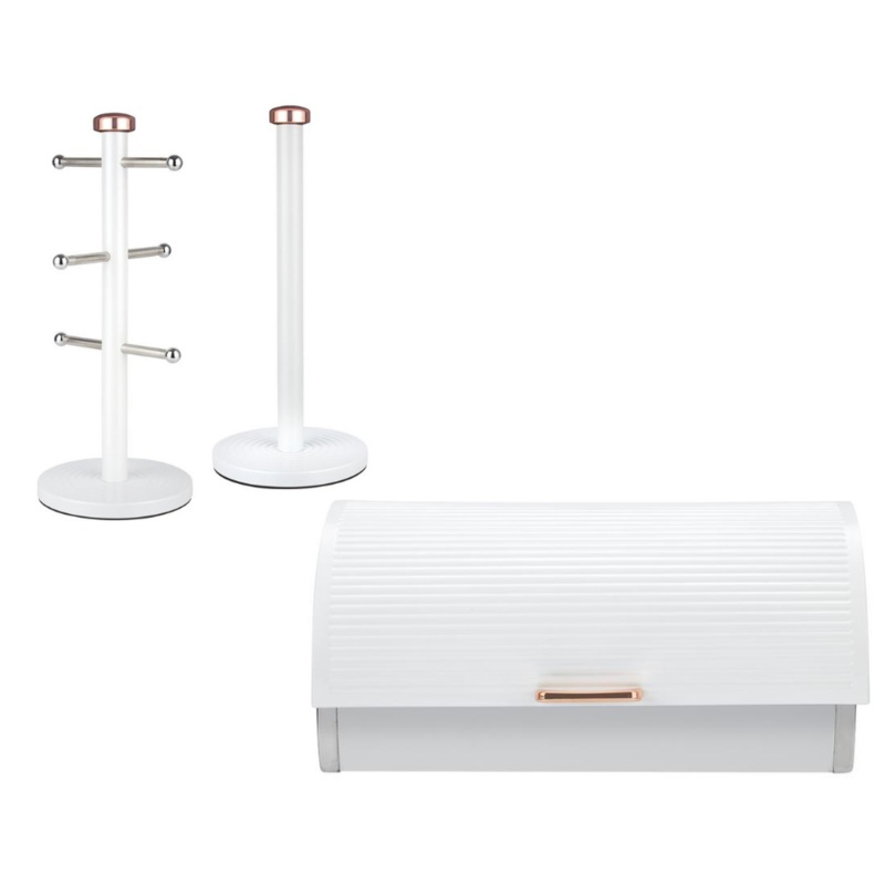 Tower Breadbin, Mug Tree & Towel Pole Kitchen Storage Matching Set Rose Gold/White