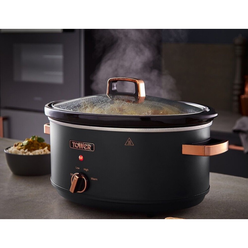 Tower Cavaletto 6.5L Large Slow Cooker Black & Rose Gold Ultra Energy Efficient