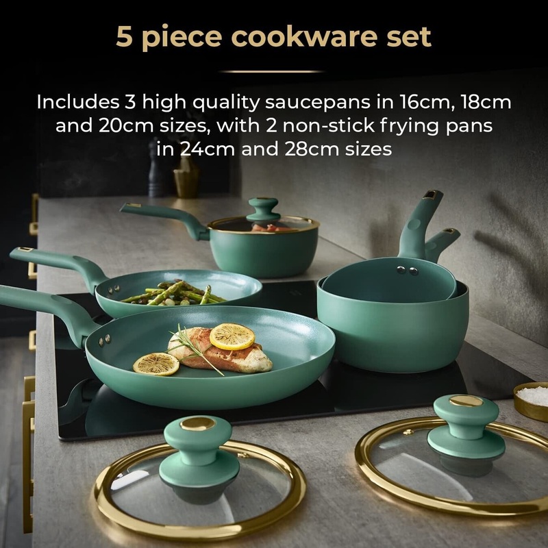 Tower Cavaletto Jade 5 Piece Pan Set Green Kitchen Cookware 5 Yr Guarantee