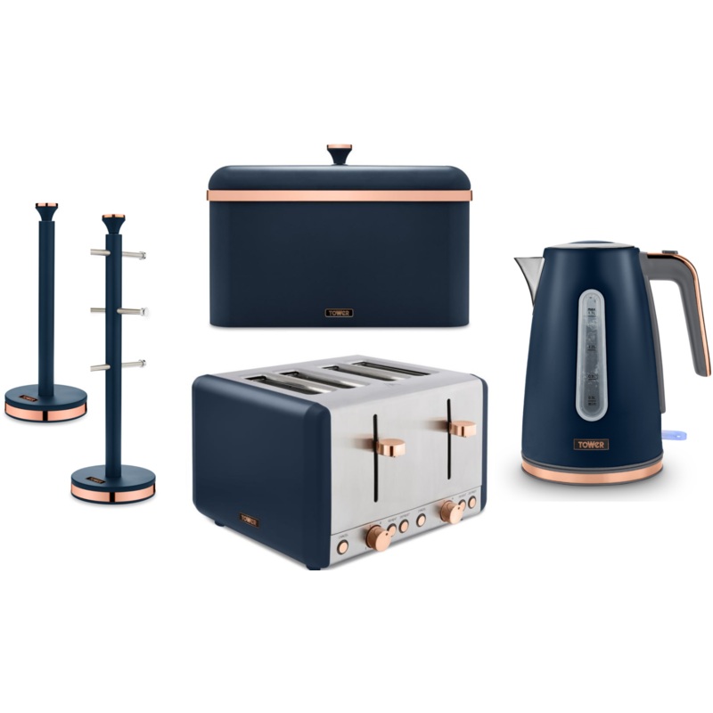 Tower Cavaletto Jug Kettle Toaster Bread Bin Mug Tree Towel Pole Blue/Rose Gold