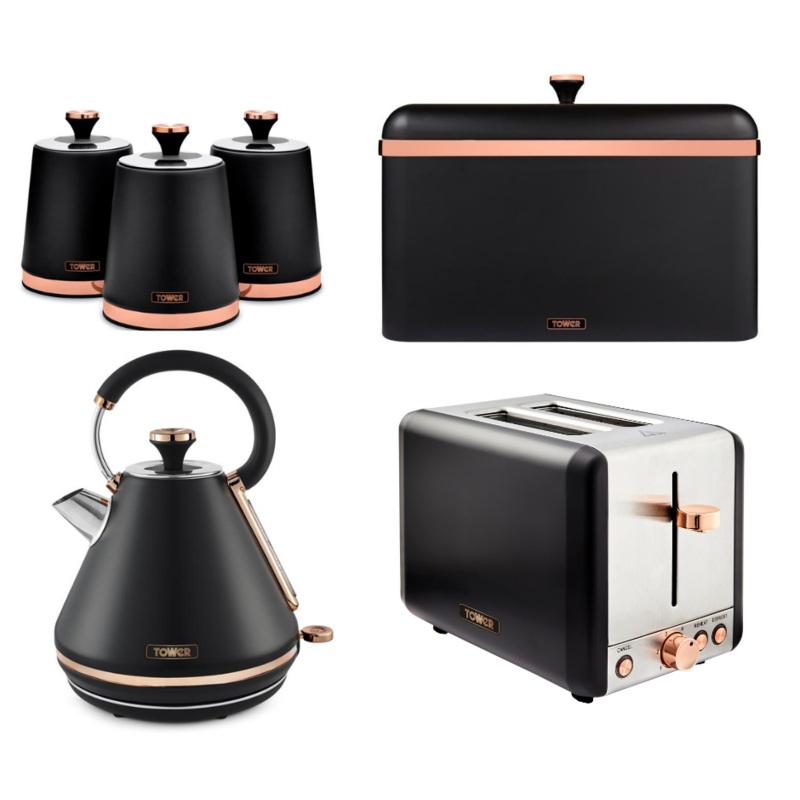 Tower Cavaletto Kettle 2 Slice Toaster Canisters BreadBin Black & Rose Gold