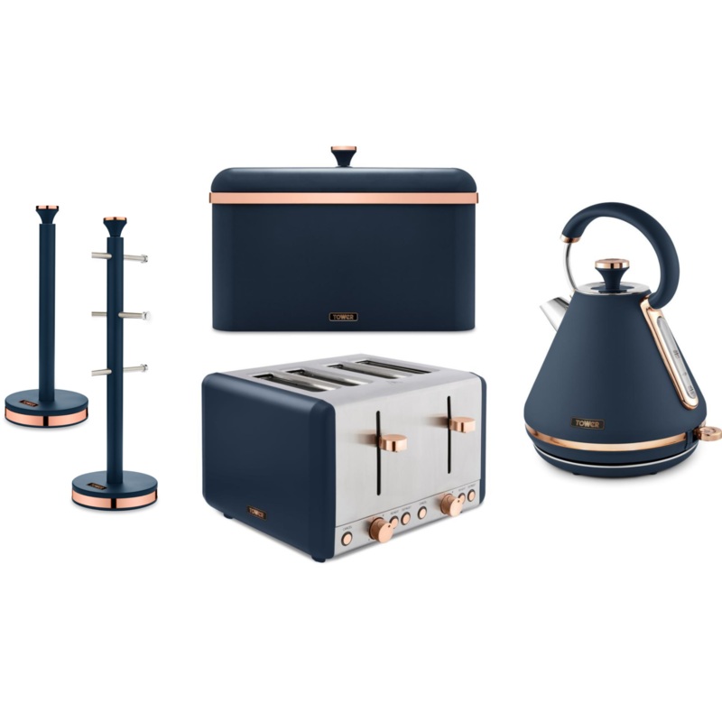 Tower Cavaletto Kettle Toaster Bread Bin Mug Tree & Towel Pole Blue & Rose Gold