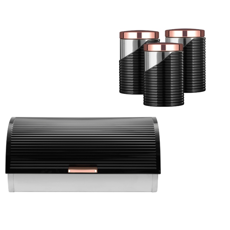 Tower Linear Bread bin & Canister Set - Tea, Coffee, Sugar, Bread Black & Rose Gold