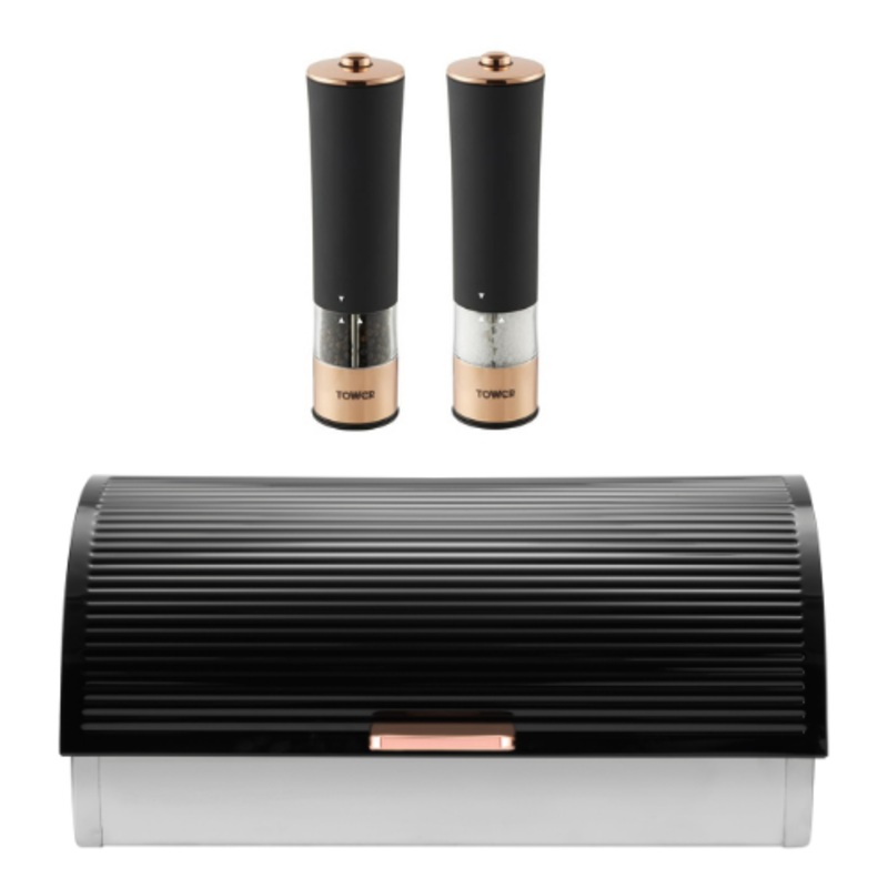 Tower Linear Bread bin & Electric Salt/Pepper Set in Black/Rose Gold