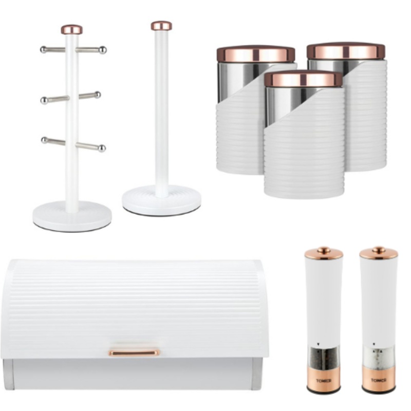 TOWER Linear Breadbin Canisters Mug Tree Towel Pole Electric Salt/Pepper Set in White/Rose Gold
