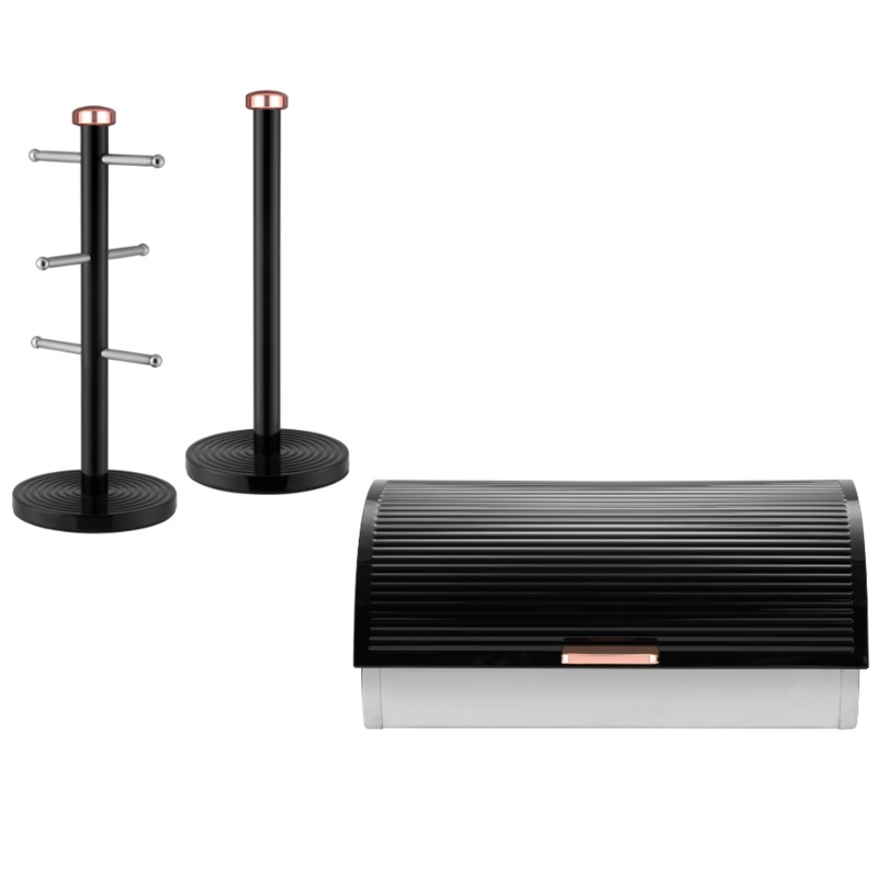 Tower Linear Breadbin, Mug Tree & Towel Pole Kitchen Storage Set Black & Rose Gold