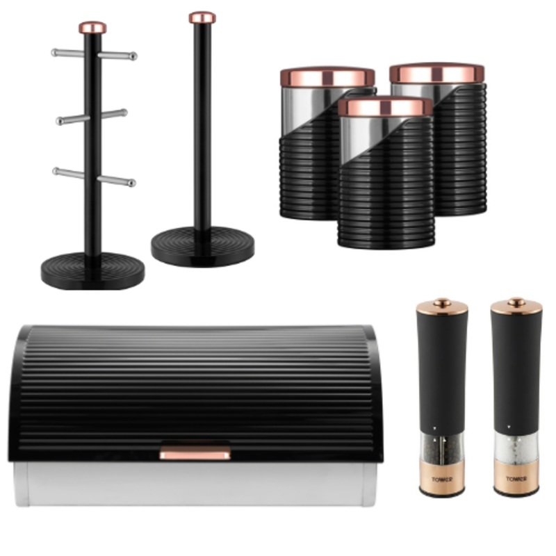 TOWER Linear Kitchen Storage Set with Breadbin Canisters Mug Tree Towel Pole Electric Salt &Pepper Set Black & Rose Gold