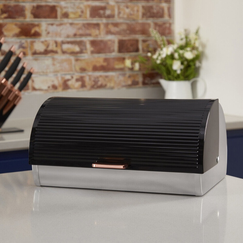 Tower Linear Rose Gold & Black Roll Top Bread Bin Kitchen Storage Bread Bin