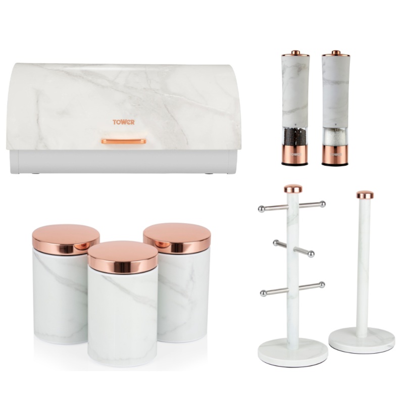 Tower Marble & Rose Gold Bread Bin Canisters Mug Tree Towel Pole & Salt & Pepper Set