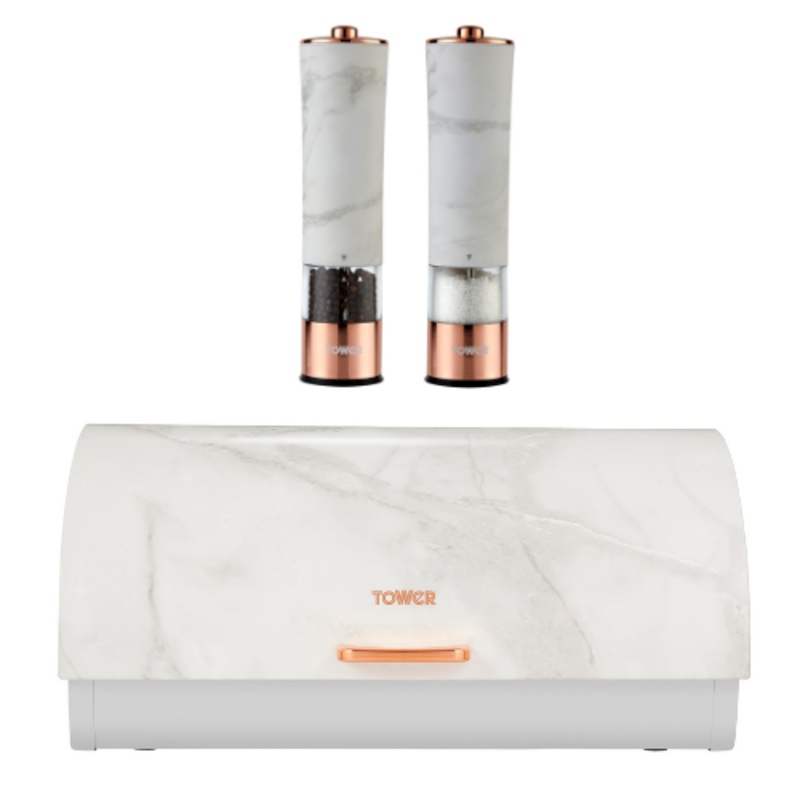 Tower Marble Rose Gold Bread Bin & Electric Salt & Pepper Matching Set