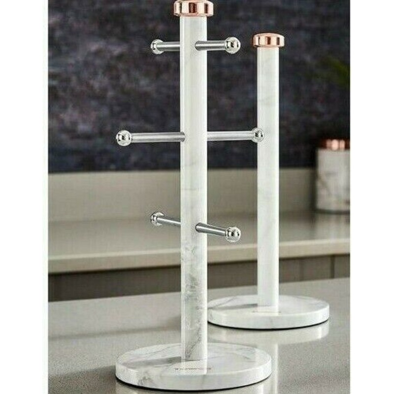 Tower Marble Rose Gold Mug Tree & Towel Pole Matching Kitchen Storage Set