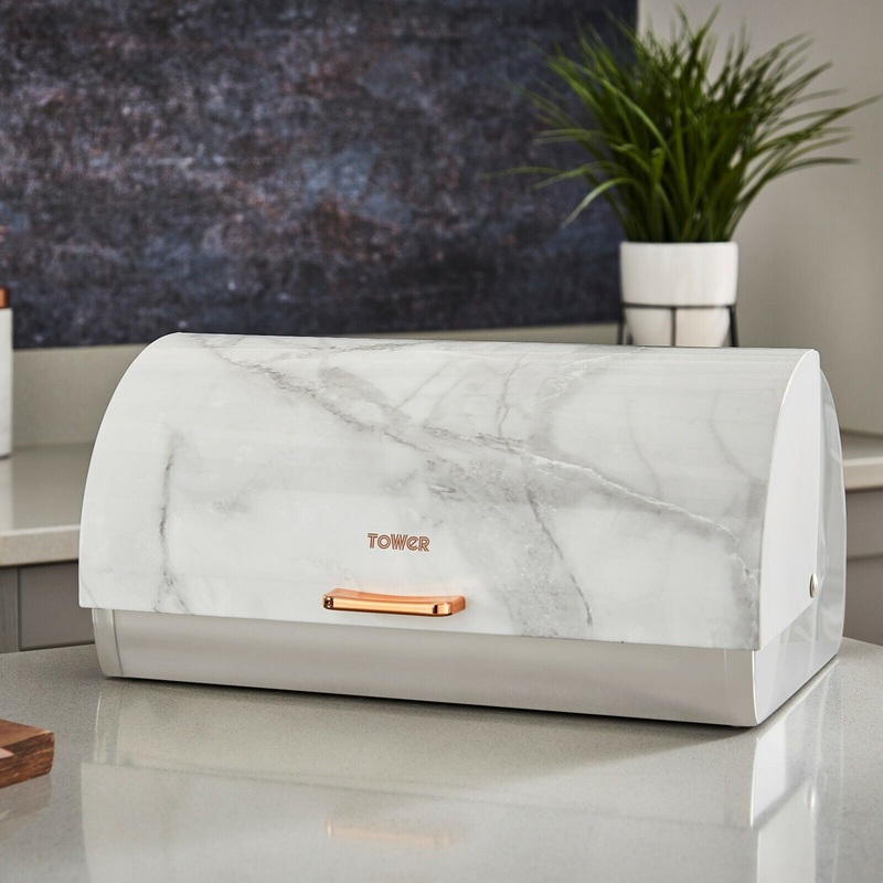 Tower Roll Top Bread Bin in White Marble with Rose Gold Kitchen Storage