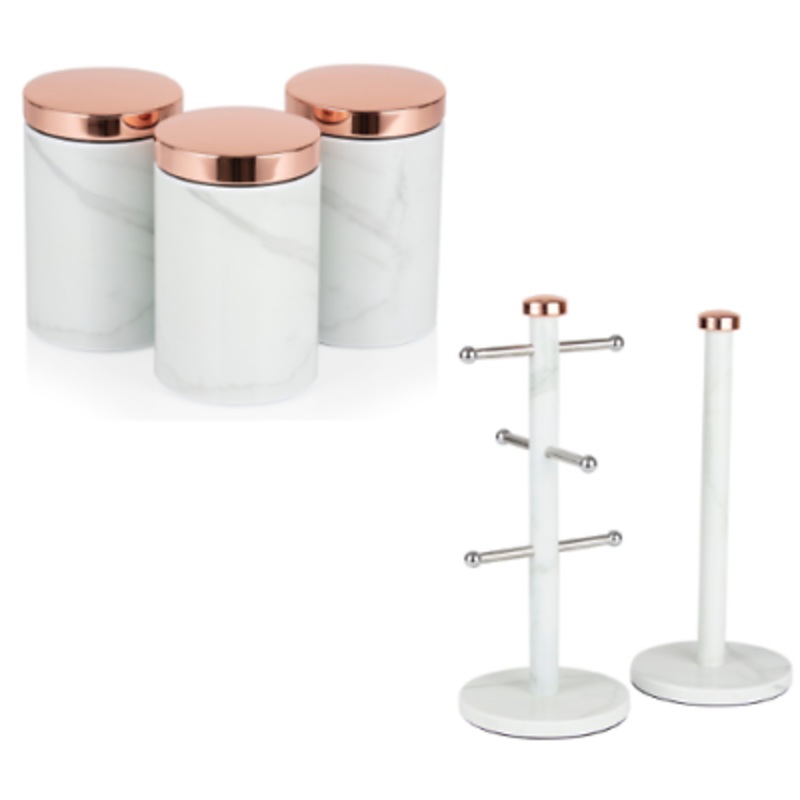 Tower Rose Gold & Marble Effect 3 Storage Canisters, Mug Tree &  Towel Pole Set