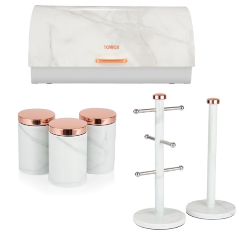 Tower Rose Gold/White Marble Bread Bin, Canisters, Mug Tree & Towel Pole Set