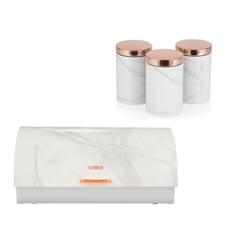 Tower Rose Gold/White Marble Bread Bin & Tea, Coffee & Sugar Canisters Set