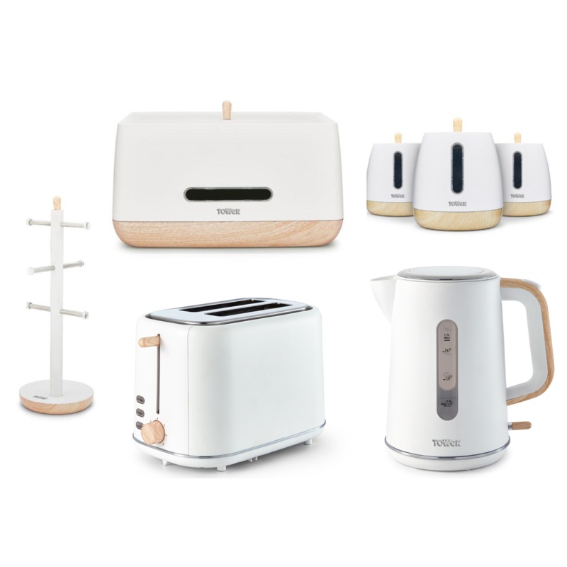 Tower Scandinavian Style White Kettle Toaster Breadbin Canisters Mug Tree 7 Set