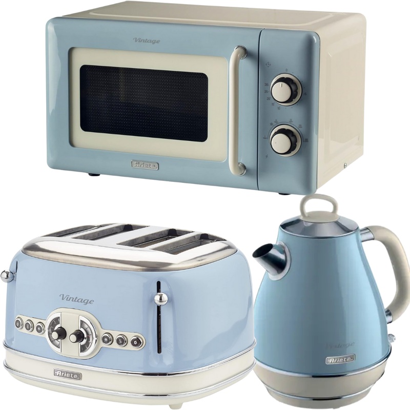 Ariete Vintage Blue 1.7L Jug Kettle, 4 Slice Toaster & 800W 20L Microwave Kitchen Set