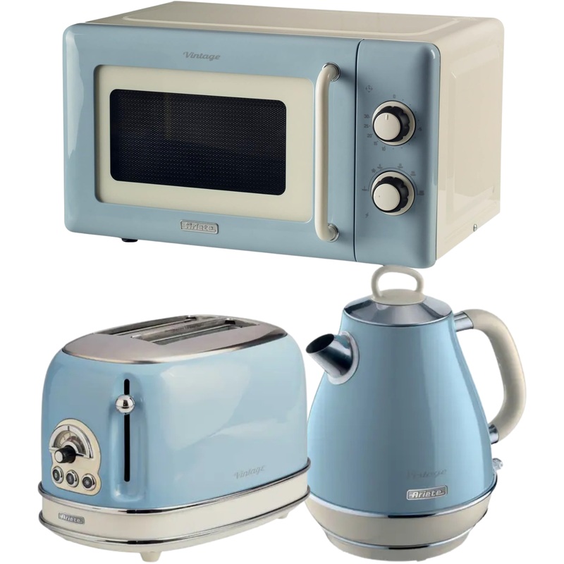Ariete Vintage Blue Retro 1.7L Jug Kettle, 2 Slice Toaster & 800W 20L Microwave Kitchen Set