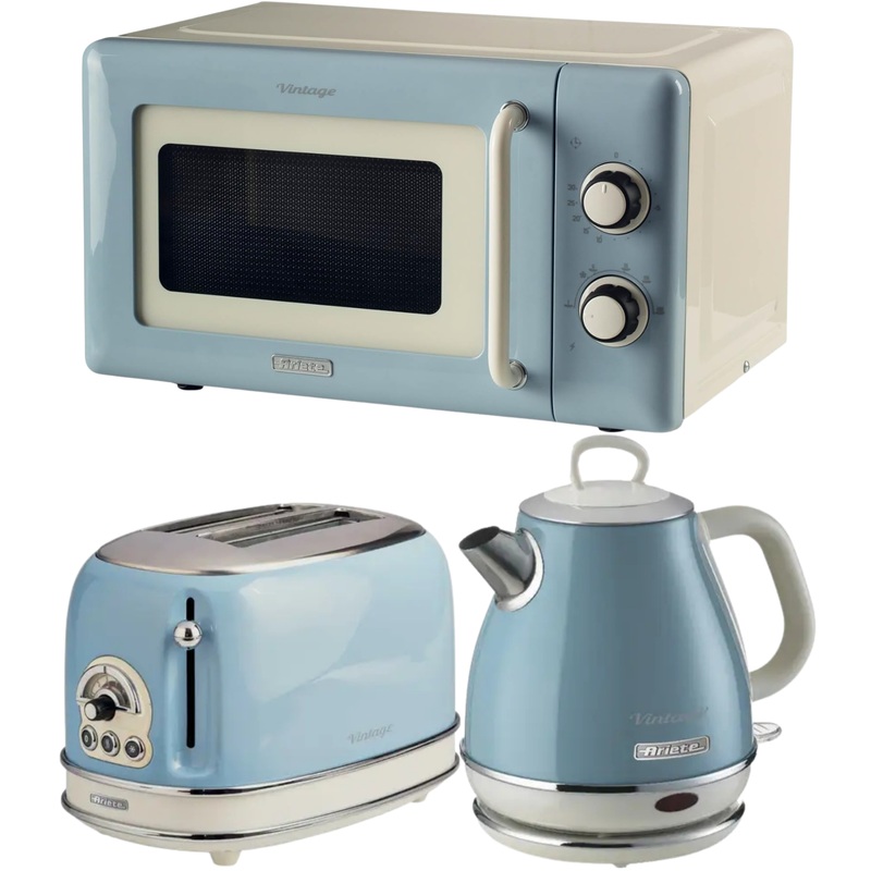 Ariete Vintage Blue Retro 1L Jug Kettle, 2 Slice Toaster & 800W 20L Microwave Kitchen Set