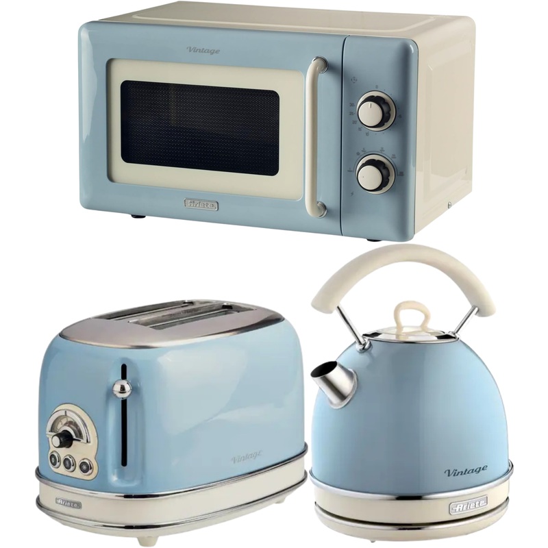 Ariete Vintage Blue Retro Dome Kettle, 2 Slice Toaster & 800W 20L Microwave Kitchen Set