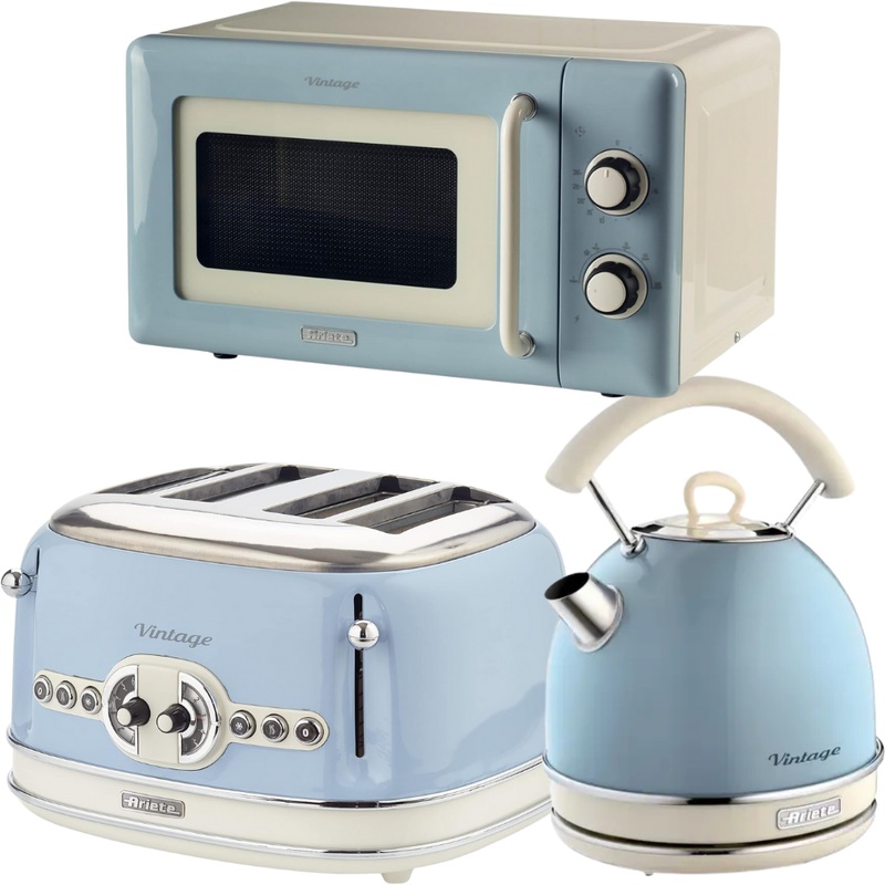 Ariete Vintage Blue Retro Dome Kettle, 4 Slice Toaster & 800W 20L Microwave Kitchen Set