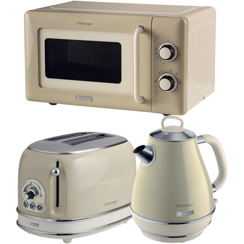 Ariete Vintage Cream Retro 1.7L Jug Kettle, 2 Slice Toaster & 800W 20L Microwave Kitchen Set