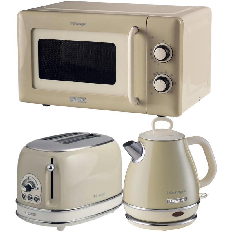 Ariete Vintage Cream Retro 1L Jug Kettle, 2 Slice Toaster & 800W 20L Microwave Kitchen Set