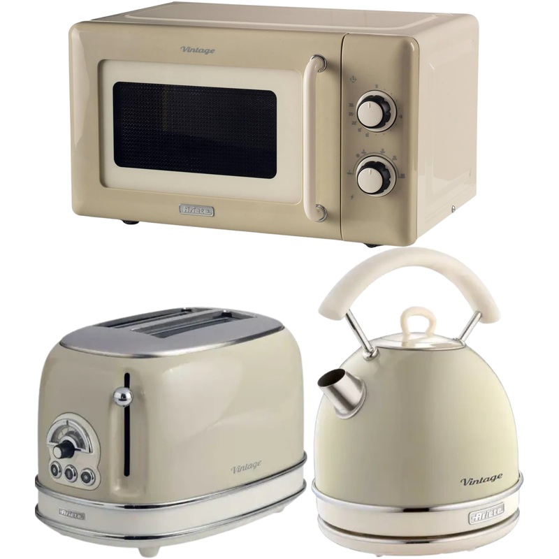 Ariete Vintage Cream Retro Dome Kettle, 2 Slice Toaster & 800W 20L Microwave Kitchen Set