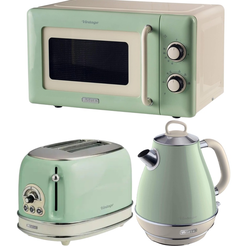 Ariete Vintage Green Retro 1.7L Jug Kettle, 2 Slice Toaster & 800W 20L Microwave Kitchen Set