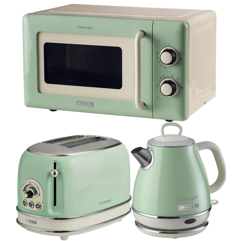 Ariete Vintage Green Retro 1L Jug Kettle, 2 Slice Toaster & 800W 20L Microwave Kitchen Set