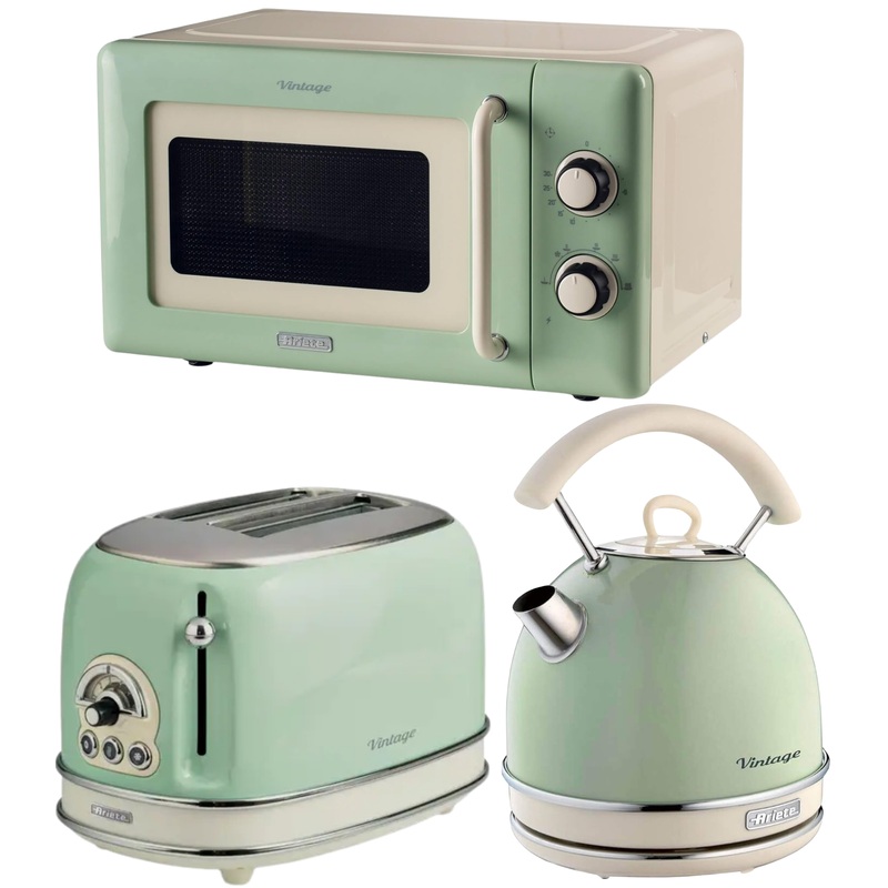Ariete Vintage Green Retro Dome Kettle, 2 Slice Toaster & 800W 20L Microwave Kitchen Set