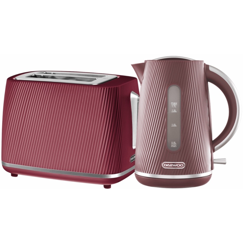 Daewoo Cascade 1.7L  Jug Kettle and 2 Slice Toaster in Ruby with Ribbed Texture Design