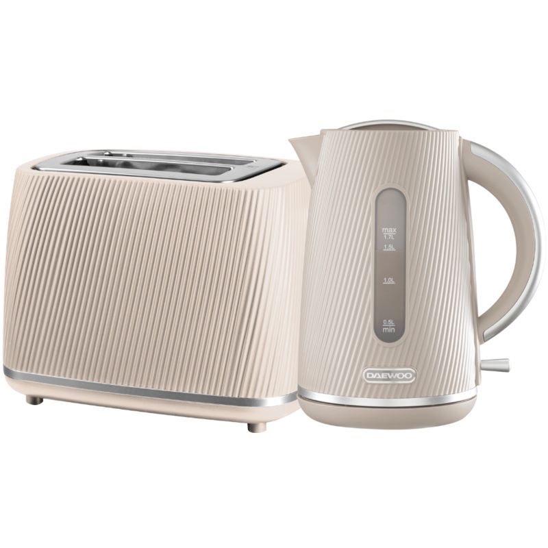 Daewoo Cascade 1.7L Jug Kettle and 2 Slice Toaster in Taupe with Ribbed Texture Design