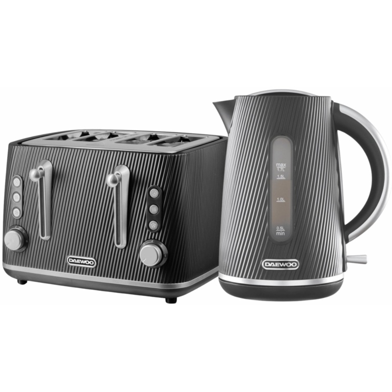 Daewoo Cascade 1.7L  Jug Kettle and 4 Slice Toaster in Black with Ribbed Texture Design