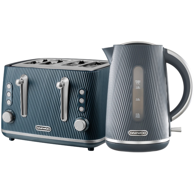 Daewoo Cascade 1.7L  Jug Kettle and 4 Slice Toaster in Navy with Ribbed Texture Design